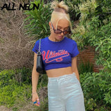 Vintage 90s Aesthetics Letter Print Blue Baby Tees Streetwear O-neck Short Sleeve T-shirts Cute Crop Tops Summer