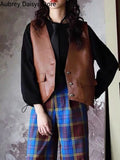 V-neck Leather Vest Women Korean Fashion Cropped Streetwear Vest Leather Vintage Casual Sleeveless Leather Outwear 2023