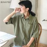 Women Pocket Simple Retro Half Sleeve Female Harajuku Hot Sale Ins Basic Tunic Tops Daily Popular Chic Preppy Style