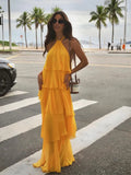 Off Shoulder Ruffles Layered Halter Maxi Dress Women Backless Sleeveless Floor Length Robes 2024 Lady Beach Party
