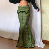Green Lace Printed Trumpet Long Skirt- Outfit