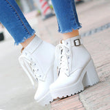Autumn Fashion Women Boots Square High Heels Platform Buckle Lace Up Pu Short Booties Winter Ladies Shoes 2021