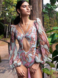 One Piece Swimsuit Female 2023 Long Sleeve Swimwear Women Plus Size Bathing Suit Print Bandage Summer Bathers