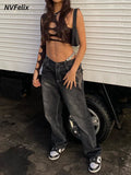 Printed Cargo Jeans Y2K Dark Blue Brown High Waist Streetwear 90S Baggy Trousers Women Pants Straight Wide Leg