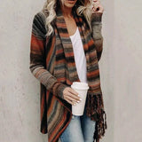 Queens Women Color Matching Long Sleeve Tassel Kniting Bohemian Maxi Sweater Pile Collar Boho
