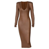 Women Autumn Winter Long Sleeve V Neck Pu Coating Bodycon Slim Soild Color Prncil Dress 2021 Fall Clothes