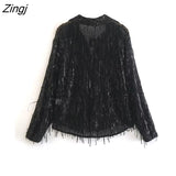 Women High Street Tassel Sequined Design Black Smock Blouse Office Lady Long Sleeve Shirt Chic Casual Blusas Tops