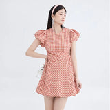 Red Plaid Dress Round Neck Hollow Out Dew Waist Puff Short Sleeve Casual Vintage High Waist Short Skirt Ladies