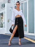 Side Slit Buttoned Denim Midi Skir- Outfit