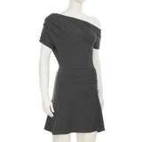 Grey Short Sleeve Off-Shoulder Ruched Mini Dress- Outfit