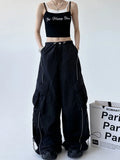 Zingj New Tight High Waist Design Sense Niche Black Cargo Pants Female Loose Casual Fashion Draw Rope Wide Leg