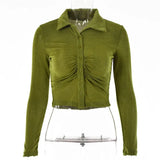 Autumn Long Sleeve Buttons Ruched T-Shirts Women Sexy Turn-Down Collar Slim Crop Tops Femme Fashion High Street T