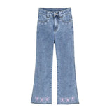 Butterfly Embroidery Flare Denim Pants Women High Waist Vintage Jeans Korean Fashion Clothes Female Bell Bottom
