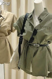 Loose Camisas Army Green Cargo Short Sleeve Shirts Belt Slim Waist Retro Women Tops Letter Blouse American Safari
