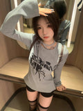 Aesthetic Spider Print Women Long Sleeve T-shirt O Neck Bandage Vintage Solid Slim Fit Tshirts Harajuku Sexy Tee Shirt