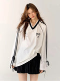 Stripe Bow Oversized V-neck Black Jersey Long Sleeve Top- Outfit