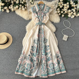 Zingj New Design Feel Lotus Leaf Edge Retro Lapel Medium-Long Style Waist Court Style Sleeveless Print Dress