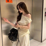 Zingj Chic Summer French Small Sexy Diagonal Collar Open Shoulder Side Draw Rope Tie Versatile Irregular Knit