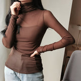 Autumn Women's Sexy See-Through Mesh Blouse Female Long Sleeve Transparent Elegant Shirt Fashion Women
