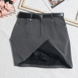 Real Shooting Gray Short Skirt Women's Summer Leisure High-Waisted Thin A-Body Skirt Anti-Walking Bag Hip Skirt With Belt