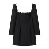 Women's Clothing 2025 Winter New Square Neck Nail Beads To Collect Short A-Shaped