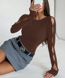 Women's Casual Long-Sleeved Round-Neck Solid-Colored Hollow