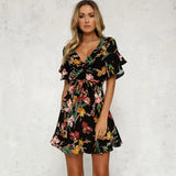 Boho Short Mini Dress Summer Floral Printed V-Neck Bow Knot Beachwear Sundress Ladies Short Sleeve Ruffles Loose