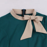 Turquoise Pleated Party Midi Dress 50s Women Cotton Vintage High Waist Pocket Swing Dresses Bow Tie Neck Robe