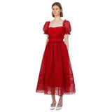 Summer New Self Portrait Women Square Collar Ruffles Long Dresses Puff Sleeve Hollow Out High Waist Holiday Party
