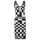 Summer V Neck Vintage Plaid Bodycon Dress Casual Sleeveless Checkered Midi Dresses Laides Hollow Out Party