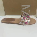 ZAR Woman 2022 Flat Shoes Spring Summer Round Toe Sexy Acrylic Rhinestones Outer Wear Plus Size 41 Sandals And Slippers
