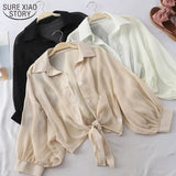 2021 Summer Half Sleeve Buttoned Up Shirt Loose Casual Blouse Chiffon Shirts Women Tied Waist Elegant Blouses for