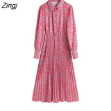 2022 Women Vintage Leopard Print Elastic Waist Casual Slim Midi Dress Female Long Sleeve Business Pleated Vestidos