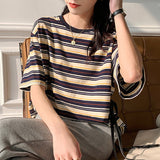 Shirts Women Striped Casual Cotton Tee Shirt Femme O Neck Loose Tops Short Sleeve Thin Summer Fashion Tshirt T-Shirts