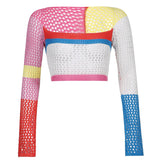 Holes Sexy Knitted Cropped T Shirt Women Autumn 2000s Aesthetic Patchwork T-shirt Women Hollow Out Fashion