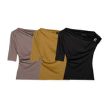 Set Asymmetric Coat 2025 Summer Folded Single-Sleeved Elastic Body Trim Women's T-Shirt