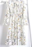 Floral Print Women Dress Female Autumn Long Sleeve Vintage Chiffon Bow Tie Neck Office Lady Shirt Dress Summer