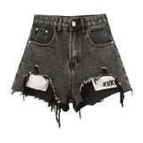 Black Grey Shorts Jeans Vintage Street Ripped Wide Leg High Waist Casual Fashion Baggy Denim Hot Pants Ladies