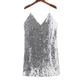 V Neck Autumn Silver Sequined Backless Sexy Dress Women Off Shoulder Mini Dress Christmas Party Club Strap Dresses