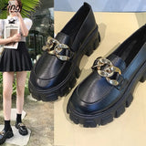 Women Spring New Black Platform Flats Shoes Women Loafers Slip on Boat Shoes Metal Chain Designer Casual Leather