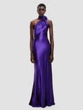 Purple Satin Halter Neck 3D Flower Design Backless Maxi Dress- Outfit