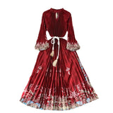 Zingj Luxury Retro French Round Collar Lantern Long Sleeve Print Dress Women's Belt With Loose Waist Show Thin Pleated