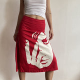 Gothic Face Portrait Print Midi Skirt E-girl Vintage High Waist Double Layers Mesh Straight Skirt Women Punk
