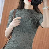 New Cotton T-shirt Women's Half Turtleneck Pleated Round Neck Knitted Short-sleeved Slim Fashion All-match Bottoming