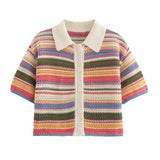 Women's 2025 New Crochet POLO Shirt Collar Striped Crochet Shorts