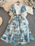 Court Style High-End Short-Sleeved Printed Dress Woman Waist Design Minority Chic Super Immortal Temperament Long