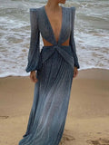 V-Neck Backless Hollow Out Dress 2022 Summer Women Long Lantern Sleeve Club Party Long Maxi Dresses Vestidos De Festa