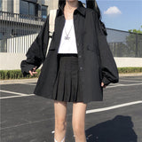 White Black Shirt Kawaii Harajuku Long Lantern Sleeves Oversize Korean Style Button Up Blouses Women Casual