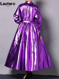 Autumn Long Shiny Reflective Patent Pu Leather Trench Coat for Women Zipper Runway Fashion Luxury Designer Clothes