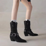 Wind Short Boots Women's Spring And Autumn Single Boots 2025 New Thick Heel High Heel Pointed Knight Boots Retro Western Cowboy